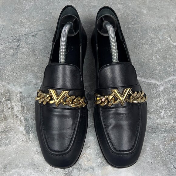 Louis Vuitton Gold V Chain Flat Loafers Black Leather 4 UK or 7 US or 37 EUR - Picture 4 of 12